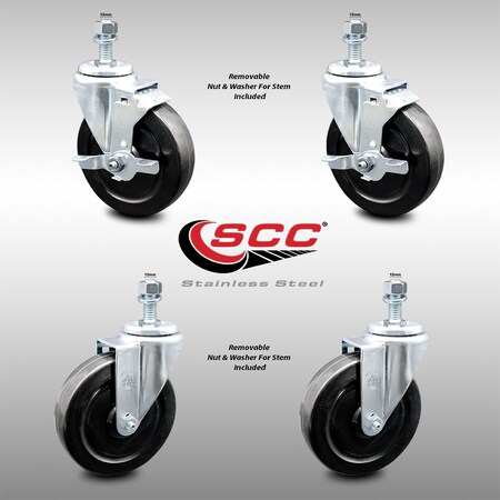 Service Caster 5 Inch SS Hard Rubber Wheel Swivel 12mm Threaded Stem Caster Brakes, 2PK SCC-SSTS20S514-HRS-M1215-2-TLB-2